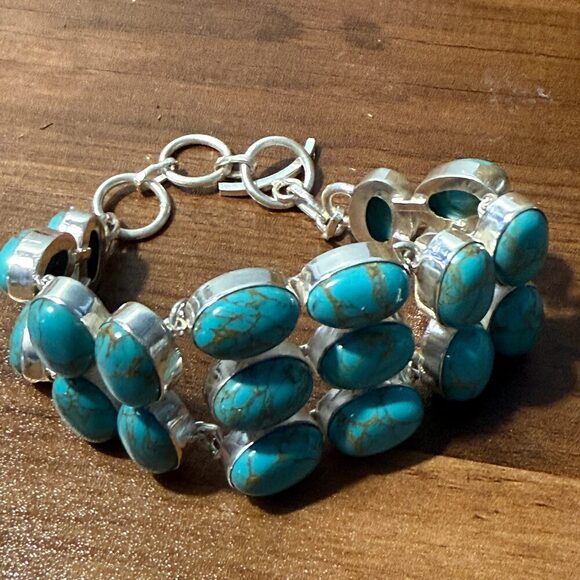 Blue Copper Dahlia Turquoise Gemstone Sterling Bracelet - Picture 4 of 10